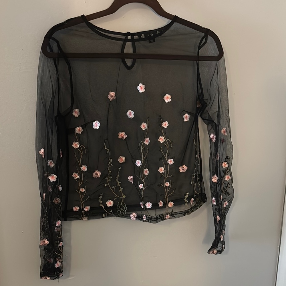 Sheer Black Floral Embroidered Top